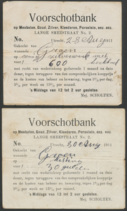 716235 Collage van twee nota's van de Voorschotbank, Mej. Scholten, Lange Smeestraat 2 te Utrecht.